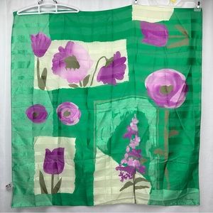 Vintage Symphony Scarfs Italy Purple Floral Print Green & Cream 35” Square Scarf